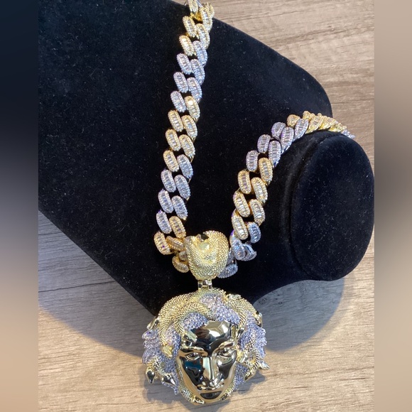 Men CZ Diamond Ice Out Famous Medusa 14K Gold Plated Chain+Pendant 17MM 22Inch - Picture 7 of 8